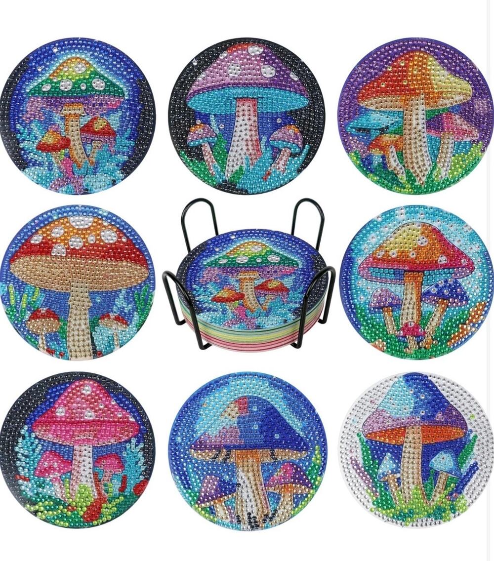 Mushroom kitchen home Acrylic Shiny DIY Diamond Coasters set of 8